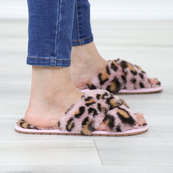 Cross Strap Leopard Blush Pink Puff Fuzzy Fluffy Slip On Plush Slippers - Picture 6 of 13